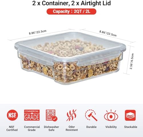 2 Pack 2 QT Commercial Airtight Food Storage Containers, Clear Polycarbonate Kitchen Ingredient Storage Containers, Stackable Food Prep Containers for Spices, Seasonings, Nuts, Shallow Model - Image 2