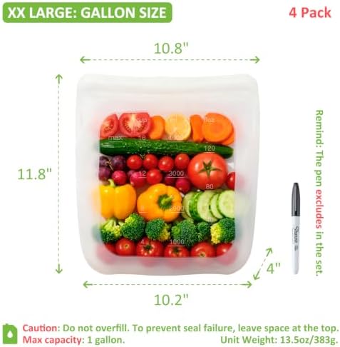100% Silicone Gallon Storage Bags, Extra Large Reusable 1 Gallon Silicone Storage Bags Stand-Up Zip-Lock Leakproof for Bulk Food & Large Portions, Freezer Microwave Sous Vide Dishwasher Safe, 4 Pack - Image 3