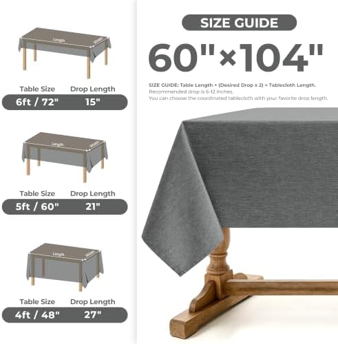 Decorelia Faux Linen Farmhouse Table Cloth 60"x104" for 6 ft Rectangle Table, Dark Grey Waterproof Outdoor Washable Cloth Tablecloth for Rectangular Dining Room Kitchen Outdoor Party Restaurant Table - Image 5