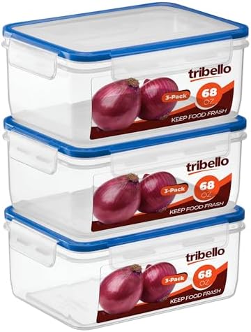 Tribello 68 oz Airtight Food Storage Containers with SnapTight Lids – Clear, Stackable, BPA-Free Meal Prep Containers for Kitchen, Freezer & Pantry – 3-Pack by Tribello
