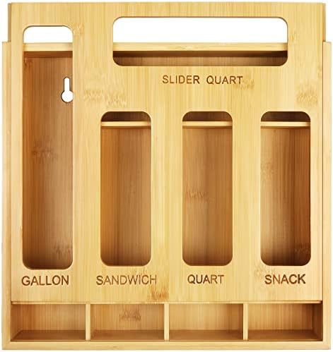 DUJEN Plastic Bag Organizer for Drawer, Bamboo Food Storage Bags Container Organizer with Slider, Baggie Bags Storage for Drawer Compatible with Gallon, Sandwich Variety Size Bags by DUJEN