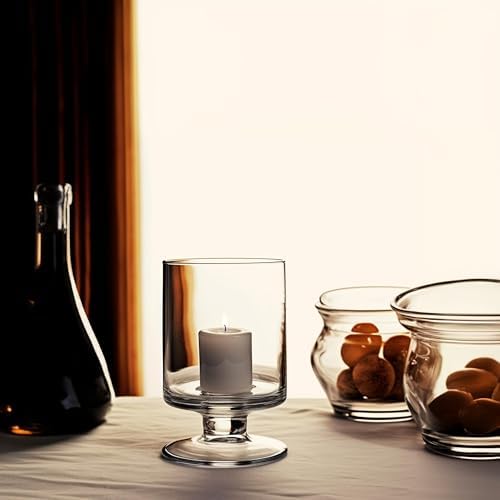WGVI Clear Glass Pedestal Hurricane Candle Holder, 4.65" W, 7.9" H, Decorative Vase for Pillar Candles, Short Stemmed Candleholder Cylinder, Tabletop Centerpieces, Home Décor, Elegant Design, 1 Piece by WGVInternational-OpusGlassware