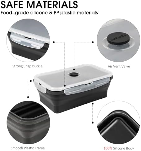 Collapsible Food Storage Containers with Lids, 4 Pack, 40 oz Silicone 1-Compartment Meal Prep Containers Reusable, Lunch Bento Boxes for Adults, Microwave Freezer Dishwasher Safe, BPA-Free, Black - Image 5