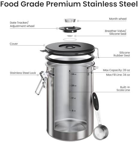 Veken Coffee Canister,39OZ, 2.2lbs,Large Airtight Stainless Steel Container - Image 5