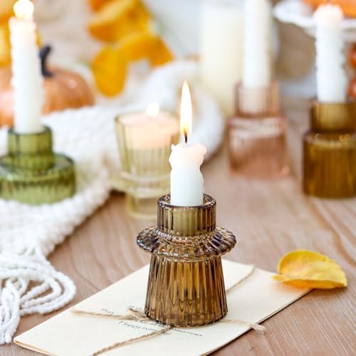 Brown Candlestick Holders 6PCS for Tealight Candle Stick Candles, Ribbed Glass Taper Candle Holders Set, Table Centerpieces for Thanksgiving Christmas Farmhouse Decor Indoor and Outdoor - Image 6