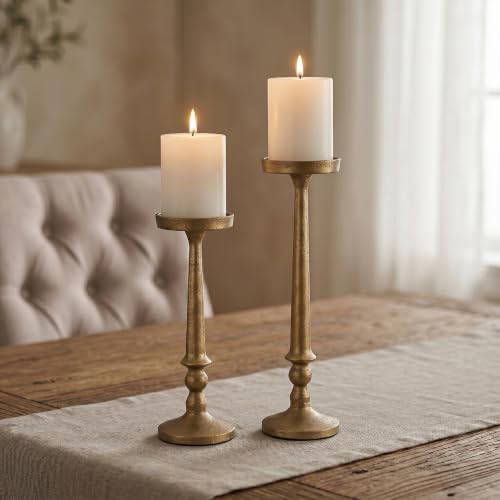 BANOMII Vintage Iron Pillar Candle Holders Set of 2, Antique Brass Gold - Image 3