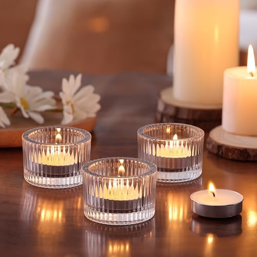 NITIME 30Pcs Clear Tealight Candle Holder with 32pcs Tea Light Candles, Ribbed Votive Candle Holders Glass for Table Centerpiece, Wedding Decor, Home and Holiday Decor - Image 6