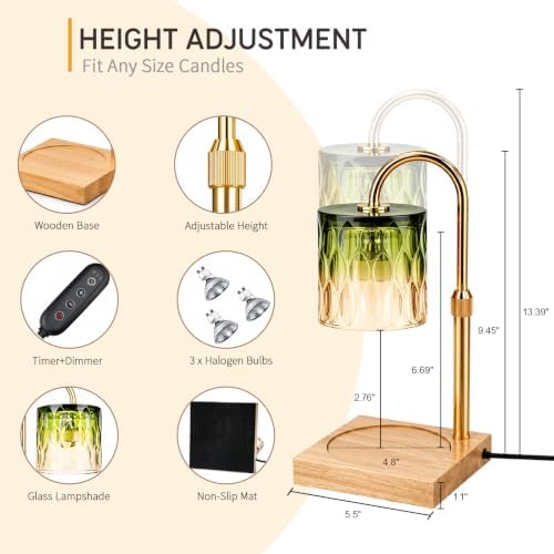 TOACSUCP Candle Warmer Lamp with 3 Bulbs, Adjustable Height Dimmable Candle Warmer with Timer, Compatible with Large Jar Candles, Candle Lamp with Charming Gift Box Ribbon for Her/Him (Gradient Green) - Image 2