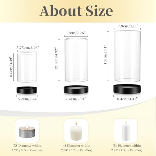 Hewory Hurricane Candle Holder for Pillar Candles: Black Votive Candle Holders Set of 12, Glass Hurricane with Metal Candle Plate, Pillar Candle Holder for Table Centerpiece Wedding Holiday Home Decor - Image 6