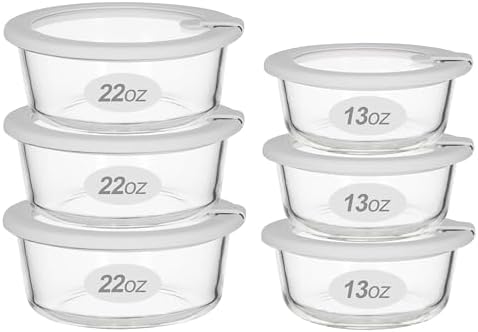 Glass Food Containers with Glass Lid, Microwave Safe Food Storage Container Set, 6 Pack, Large Size Airtight Storage Set with Leak Proof Lids, Meal Prep Containers by Eco-Evo