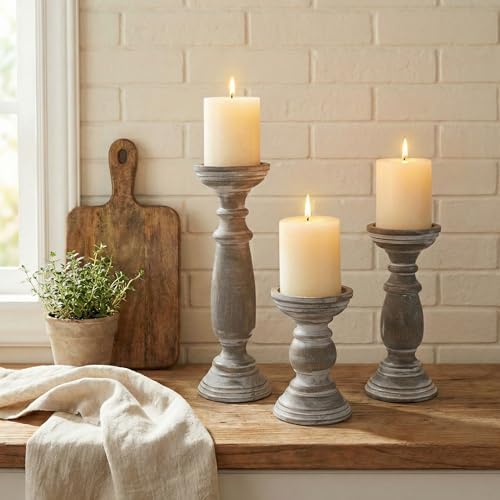 BANOMII Rustic Wooden Pillar Candle Holders Set of 3, 12'' 9'' 6'' Farmhouse Wood Candle Stand for Table Centerpieces, Vintage Tall Candleholders Fireplace Mantel Decor for Living Room, Grey - Image 2