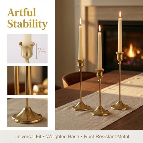 Set of 3 Brass Tapered Candle Holder,Candlestick Tall Metal Candlestick Holders for Table Centerpiece Home Decor for Wedding Fireplace Mantel Housewarming Gift Fits 3/4 Inch Thick Candles - Image 5