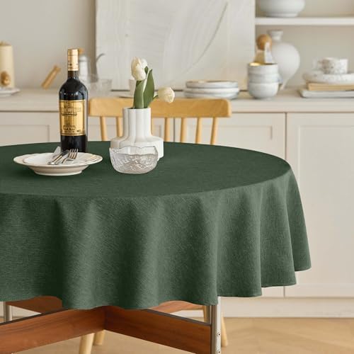 Decorelia Christmas Faux Linen Round Tablecloth, Decorative Fabric Waterproof Texture Farmhouse Table Cloth Cover for Dining Kitchen Party Indoor Outdoor Use (60 Inch, Round (2-4 Seats), Dark Green) by Decorelia