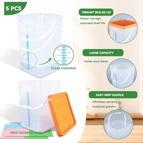 5 Pack 5 Gallon Square Plastic Bucket with Lids and Graduation Marks, Food Grade Clear Storage Containers for Kitchen & Industrial, BPA Free Heavy Duty Pail with Handle for Liquid, Paint, Grain - Image 6