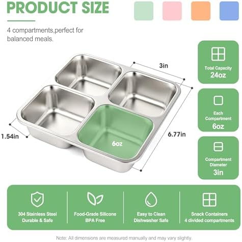 2 Pack Stainless Steel Snack Containers with Silicone Lids, Leakproof Bento Snack Boxes, Reusable 4 Compartment Metal Lunch Containers, Dishwasher Safe Food Storage for Meal Prep, Work & Travel (D) - Image 3