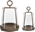 6" & 4" Wide Modern Farmhouse Metal Hurricane Candle Holder with Handmade Sturdy Glass Sleeve in Rustic Brown for Pillar Candle & Plants, Glass Hurricane Lantern, Industrial, Minimalistic by Unknown