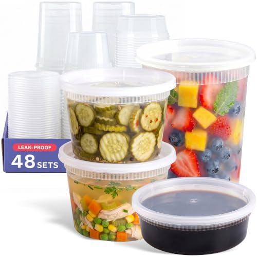 GUSTO Plastic Food Storage Deli Containers with Lids [48 Sets] 8, 16, 32 oz by GUSTO