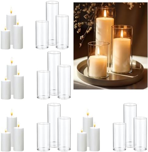 UDU 24 PCS White Pillar Candles with Glass Cylinder Vases Hurricane Glass Candle Holders for Pillar Candles Cylinder Vases for Centerpieces Wedding Table Party Home Decor by Unknown