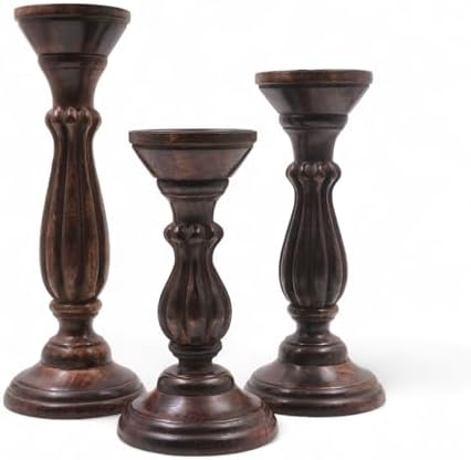 Hosley Set of 3 Dark Brown Wood Pillar Candle Holders 13 Inches 11 Inches and 9 Inches High Ideal for LED and Pillar Candles Gifts for Weddings Party Home Spa Reiki Aromatherapy by HOSLEY