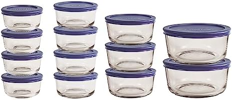 Anchor Hocking 26 Piece Glass Storage Containers with Lids (13 Glass Food Storage Containers & 13 Navy Blue SnugFit Lids) by AnchorHocking