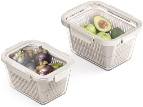 GENICOOK 2 Set Large Glass Produce Containers for Fridge with Colanders by GENICOOK