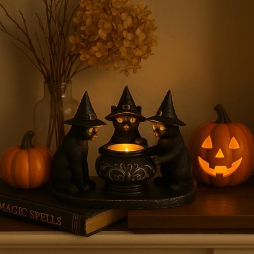 Halloween Black Cat Candle Holder with Witch Hats, Gothic Cauldron Decor - Image 4