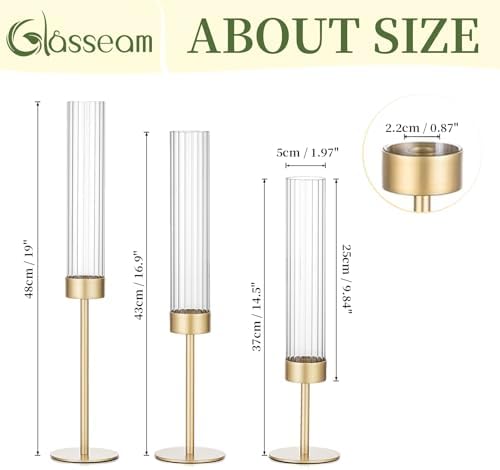 Glasseam Gold Hurricane Taper Candle Holders, 3 Pcs Candlestick with Glass - Image 5