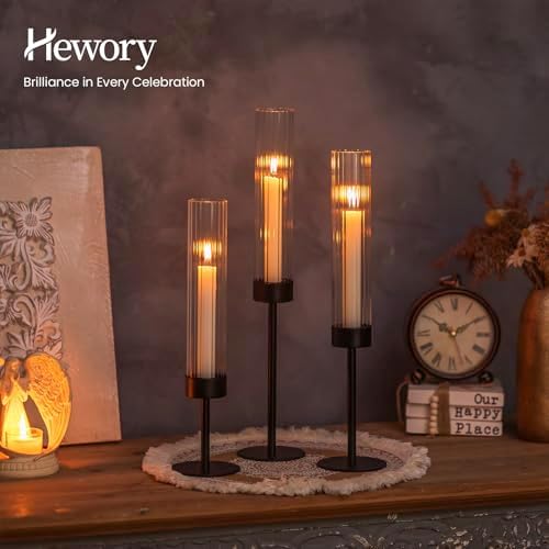 Hewory Black Taper Candle Holders: Candlestick Holders Set of 3 Hurricane Glass Tall Candle Holder for Candlesticks Candle Sticks Holder Decor for Table Centerpiece Wedding Party Christmas Decorations - Image 3
