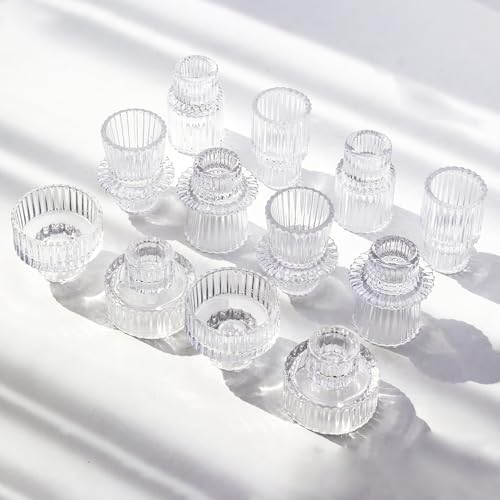 Clear Candlestick Holders 12PCS Ribbed Glass Taper Candle Holders for Tealight Stick Candles Table Centerpieces Thanksgiving Christmas Indoor and Outdoor Decorations by Unknown