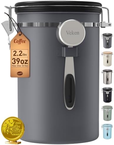 Veken Coffee Canister,39OZ, 2.2lbs,Large Airtight Stainless Steel Container by Veken
