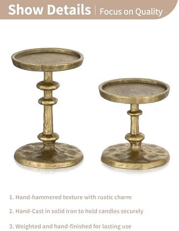 NUPTIO Gold Candle Holders for Pillar: Antique Brass Cast Iron Candle Stand - Image 5