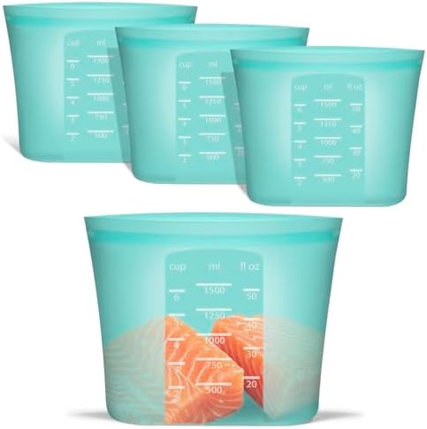 Large Reusable Storage Bag, 4 Pack 100% Silicone Food Storage Bags Stand Up Silicone Zip Lock Bags for Food Container, Freezer Microwave Oven Dishwasher Safe, Aqua, 50.7oz/ 1500ml by Annaklin