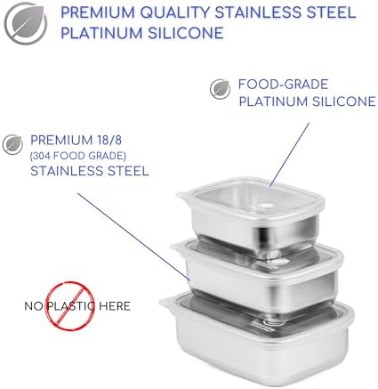 Stainless Steel Food Storage Containers with Clear Platinum Silicone Lids, Airtight, Leakproof 18/8 (304) Food Grade SS Nested 3Pk 20/30/40 oz Plastic-Free - Image 4
