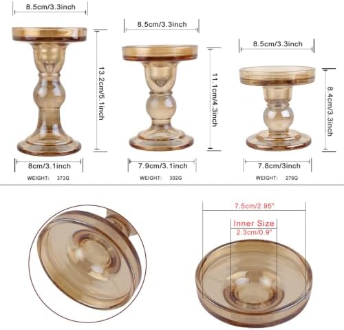 3-Piece Set of Amber Glass Candlestick, Crystal Candlestick Holder Holder and Conical Candle, Christmas Candle Holder Decoration, Family Living Room Wedding Candle Holder (Amber) - Image 2
