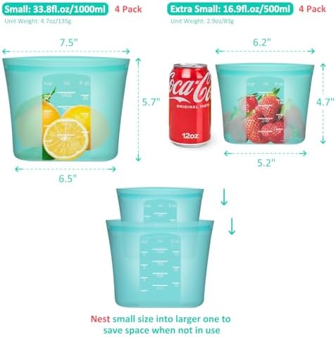 Reusable Sandwich & Snack Bags, 8 Pack 100% Silicone Food Storage Bags Stand Up Zip Lock for Food Container, Freezer Microwave Oven Dishwasher Safe, 4 Small 4 Extra Small, Aqua - Image 3