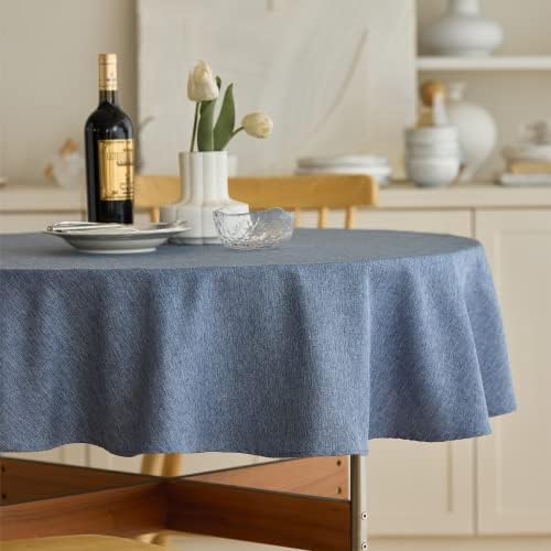 Decorelia Waterproof Faux Linen Rustic Farmhouse Table Cloth for Round Table, Texture Wrinkle-free Outdoor Table Cover for Party, Wedding, Picnics, Patio Table (60 Inch, Round (2-4 Seats), Denim Blue) by Decorelia