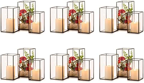 Nuptio Glass Candle Holders Hurricane Holder for Pillar Candles 18 Pcs Black Metal Candle Holders Large Rectangular Candleholder Vase Centerpieces Decoration for Wedding Party 9.5 & 8.1 & 6.5 inch by Nuptio