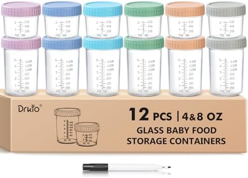 DRKIO 12 pcs Baby Food Storage Containers 4&8 Oz Small Glass Jars with Lids by DRKIO