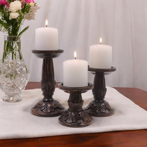 Hosley Set of 3 Wood Pillar Candle Holders 8", 6", 4.25" High Dark Brown Wooden Candlestick Set for Table Centerpiece Ideal for LED & Wax Candles, Rustic Home Decor, Wedding, Party, Spa, Reiki - Image 2
