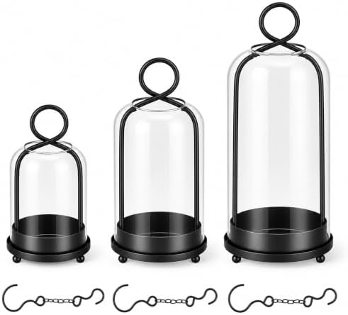 Hurricane Glass Candle Holders Set of 3, Metal Candle Lanterns with Hooks by SHAREHAPPYLIFE