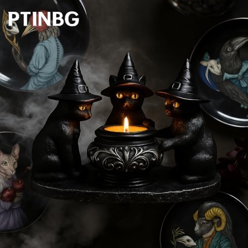 Halloween Black Cat Candle Holder with Witch Hats, Gothic Cauldron Decor - Image 7