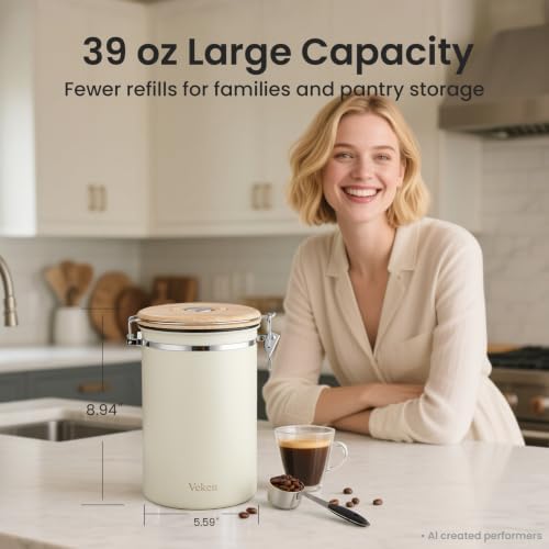 Veken Coffee Canister,39OZ, 2.2lbs,Large Airtight Stainless Steel Container - Image 2