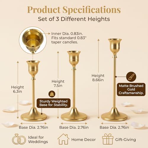 12 Pcs Gold Candlestick Holders, Vintage Metal Candle Holders Taper Candle Stands, Tall Golden Brass Tapered Candle Holder for Wedding Tables Centerpieces Decor - Image 2