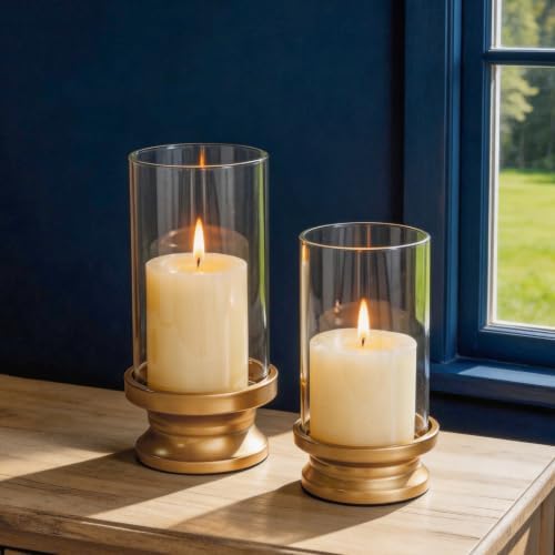 NUPTIO Hurricane Glass Candle Holders for Pillar - Matte Gold - Set of 2 by Nuptio
