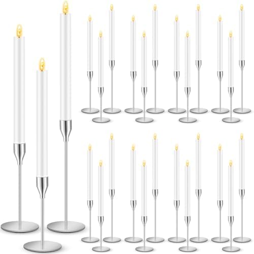 FillTouch 30 Pcs Silver Candlestick Holder with Flameless Taper Candle Bulk by FillTouch
