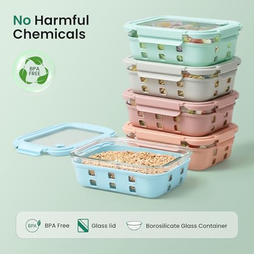 GENICOOK Glass Meal Prep Containers 5 Set, 4.4 Cup Airtight Leakproof Lids, Borosilicate Glass Food Storage Containers, Microwave Oven Freezer Safe, BPA Free Lunch Containers - Image 2