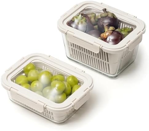 GENICOOK Glass Produce Storage Containers for Fridge, 2-Set – Airtight Fruit & Vegetable Containers with Removable Colanders, Flexible Silicone Lids,LeakProof, BPA-Free Borosilicate Glass by GENICOOK