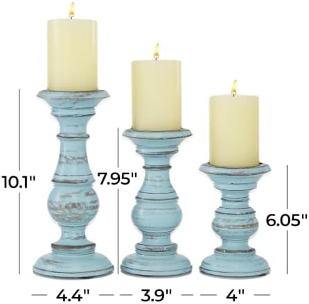 Deco 79 Mango Wood Decorative Candle Holder Distressed Turned Pillar Candle Stand, Set of 3 Candlestick Holder 6", 8", 10"H, Light Blue - Image 6