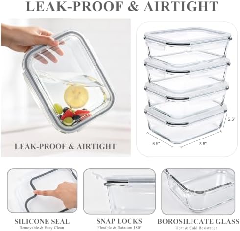 GEHE 4 Pack 52 oz Large Glass Food Storage Containers with Lids - Glass Meal Prep Containers For Baking, Storing, Airtight Lunch Container, Freezer, Dishwasher, Microwave and Oven Safe, BPA Free - Image 7