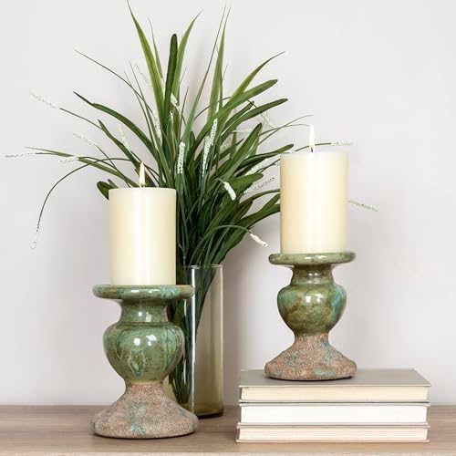 Creative Co-Op 2-Tone Sculptural Terracotta Pillar Candle Holder, Distressed Green 4.5" W x 5.25" H (Pack of 8) - Image 4